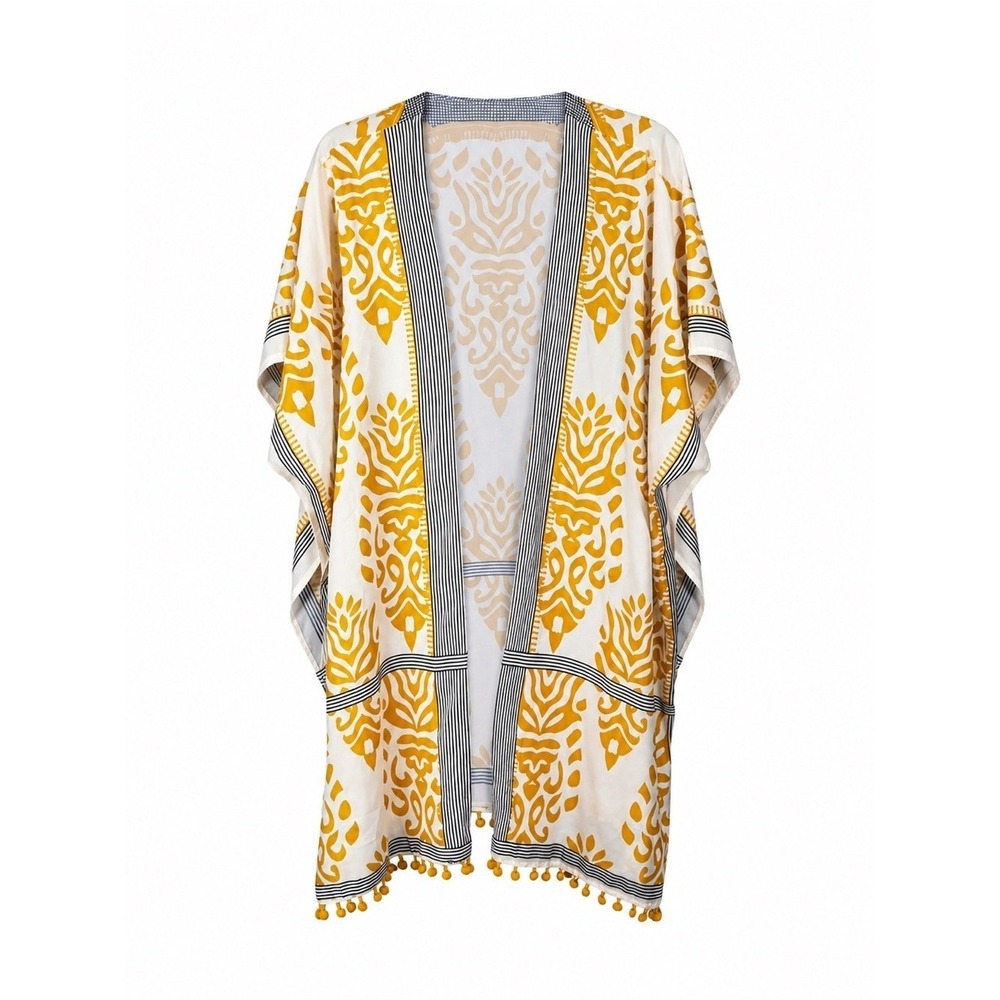 Womens Bohemian Kimono Wrap Duster OS Beach Coastal Resort Tassels Coachella